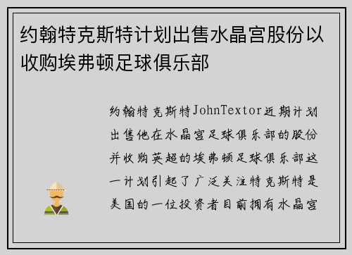 约翰特克斯特计划出售水晶宫股份以收购埃弗顿足球俱乐部